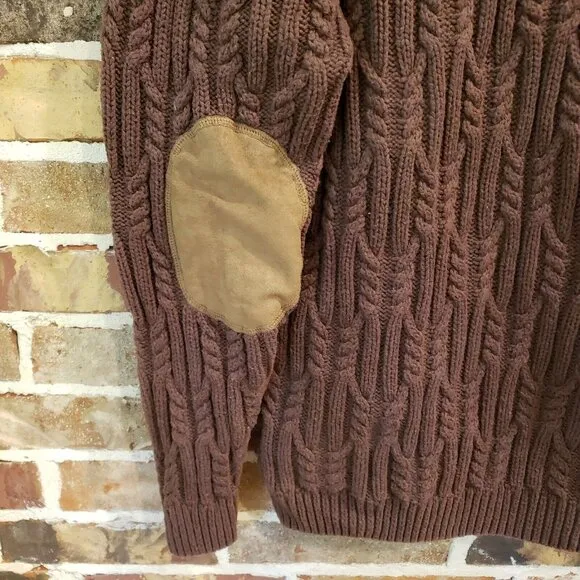 CABELAS Cable Knit Fisherman Sweater Leather Elbow Patches Mens Large Brown