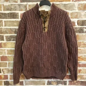 CABELAS Cable Knit Fisherman Sweater Leather Elbow Patches Mens Large Brown