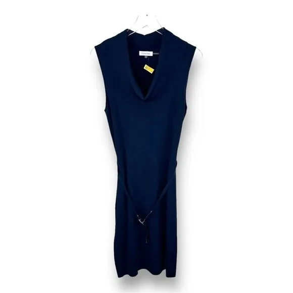 Calvin Klein Cowl Neck Sleeveless Fine Knit Navy Blue Sheath Dress w/Belt Sz M