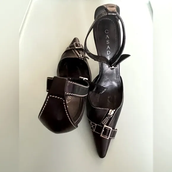 CASADEI Pellame Ankle Strap Stilettos w Zipper Detail Excellent Condition Sz 6.5