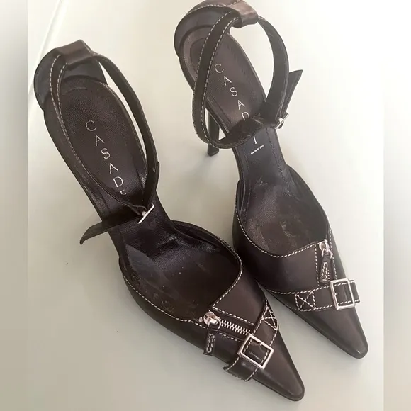 CASADEI Pellame Ankle Strap Stilettos w Zipper Detail Excellent Condition Sz 6.5