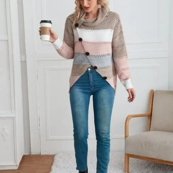 Casually Comfy Color Block button detail Cowl neckline Knit Sweater Top