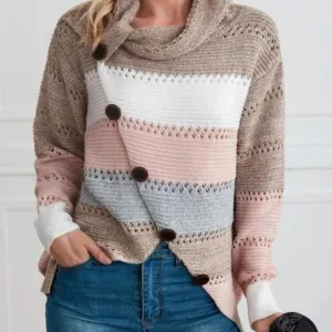 Casually Comfy Color Block button detail Cowl neckline Knit Sweater Top