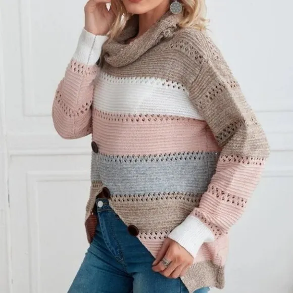 Casually Comfy Color Block button detail Cowl neckline Knit Sweater Top