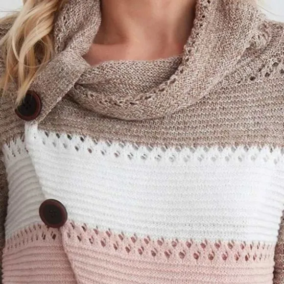 Casually Comfy Color Block button detail Cowl neckline Knit Sweater Top