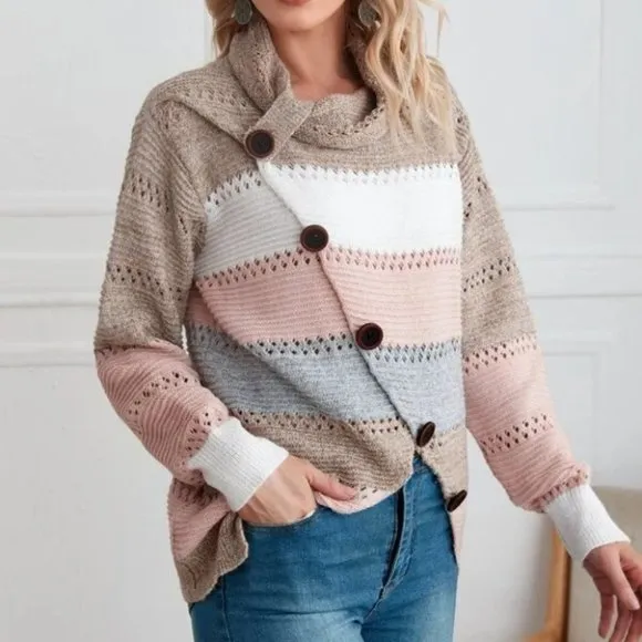 Casually Comfy Color Block button detail Cowl neckline Knit Sweater Top