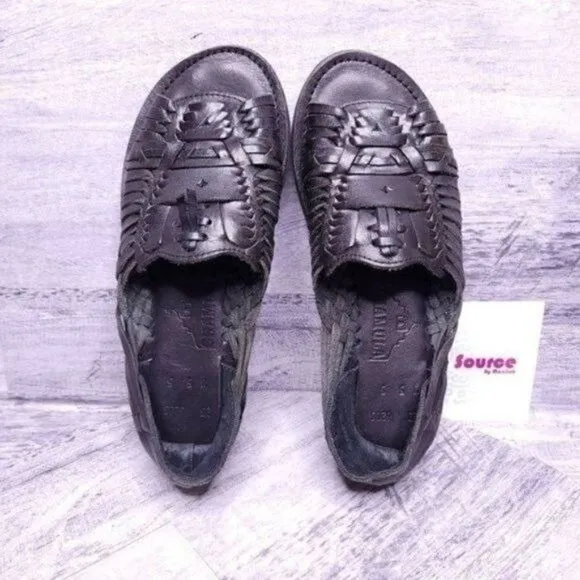 Chamula Huarache Open Toe Flat Leather Sandal Black Women's sz 5