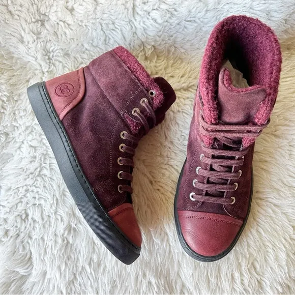 Chanel Burgundy Red Suede Interlocking CC High Top Sneakers Size EU 37