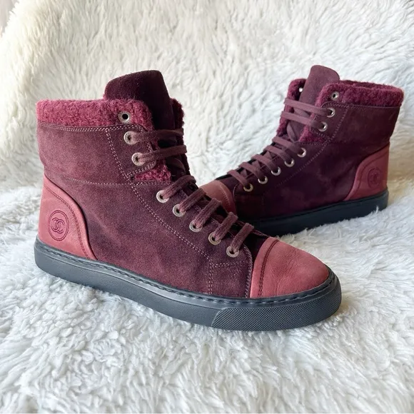 Chanel Burgundy Red Suede Interlocking CC High Top Sneakers Size EU 37
