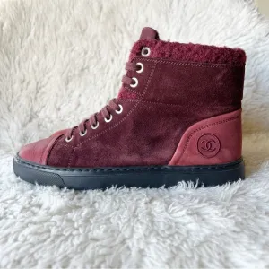 Chanel Burgundy Red Suede Interlocking CC High Top Sneakers Size EU 37