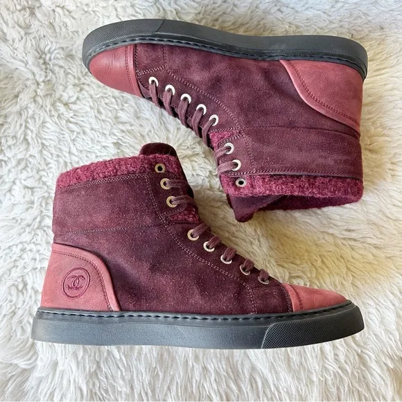 Chanel Burgundy Red Suede Interlocking CC High Top Sneakers Size EU 37