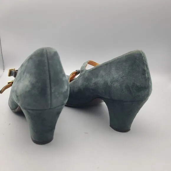 CHIE MIHARA Heel Pumps Shoes Mary Jane  Buckles Blueish Gray Suede 38 7-7.5