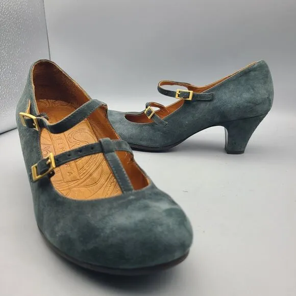 CHIE MIHARA Heel Pumps Shoes Mary Jane  Buckles Blueish Gray Suede 38 7-7.5