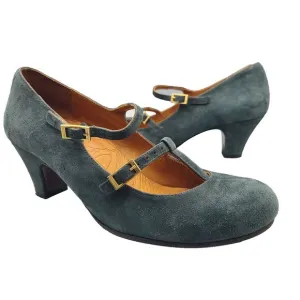 CHIE MIHARA Heel Pumps Shoes Mary Jane  Buckles Blueish Gray Suede 38 7-7.5