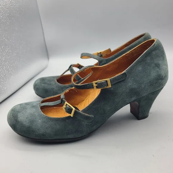 CHIE MIHARA Heel Pumps Shoes Mary Jane  Buckles Blueish Gray Suede 38 7-7.5