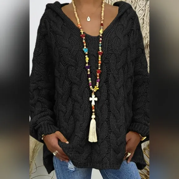 Chunky Cable-Knit Oversized Hoodie Top Long Sleeve Fall Pullover Sweater Shirt