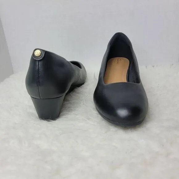 Clarks Vendra Bloom Shoes Women's Size 8.5 Black Leather  Wedge Pump Shoes