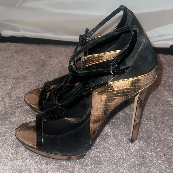 Clearance: Brian Atwood Women's Black and Brown Shoes open toe strappy size 10