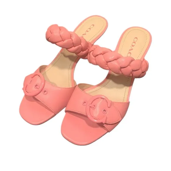 Coach Womens Mollie Pink Leather Slip On Open Toe Heel Sandals Shoes SZ 7