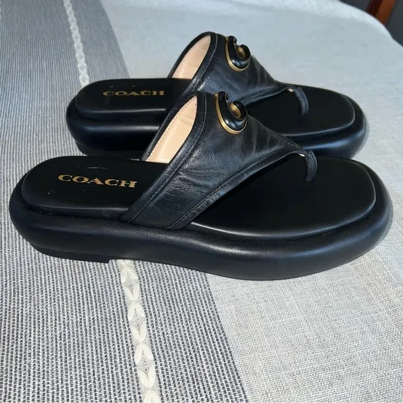Coach Womens Sylvie Leather Black Leather Thong Flatform Sandals Shoes NWOB