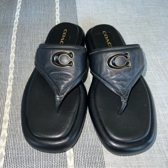 Coach Womens Sylvie Leather Black Leather Thong Flatform Sandals Shoes NWOB