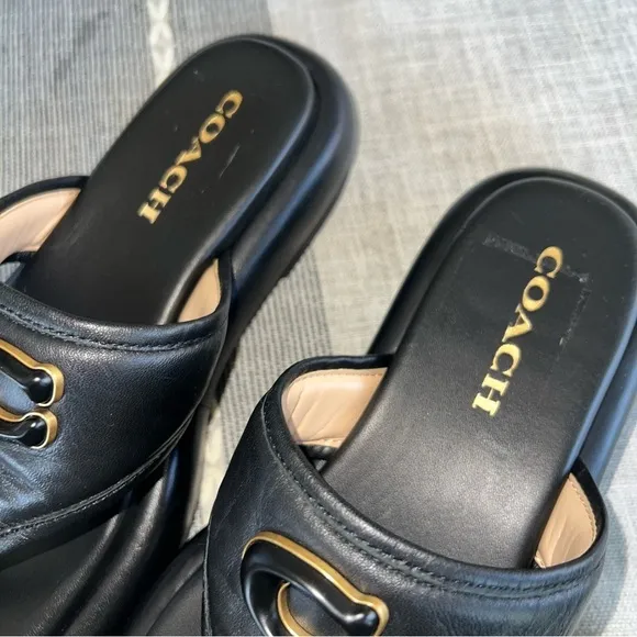 Coach Womens Sylvie Leather Black Leather Thong Flatform Sandals Shoes NWOB