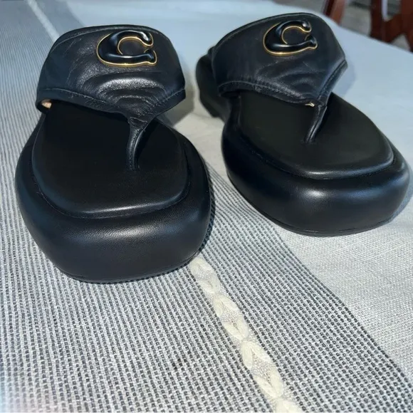 Coach Womens Sylvie Leather Black Leather Thong Flatform Sandals Shoes NWOB