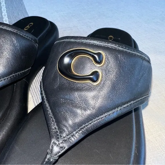 Coach Womens Sylvie Leather Black Leather Thong Flatform Sandals Shoes NWOB