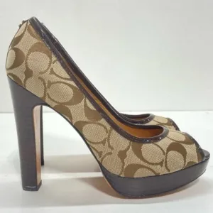 Coach Women's Tan Peep Toe Block Heels Signature Leather Trim. Excellent US 8