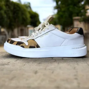 Cole Haan Grand Pro Rally Sneakers Womens White Leather Leopard Pony Hair Sz 6B
