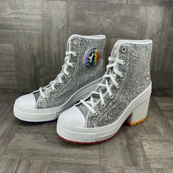 Converse 70 De Luxe Heel High Pride Proud Women's size 10.5 Silver Glitter Shoes