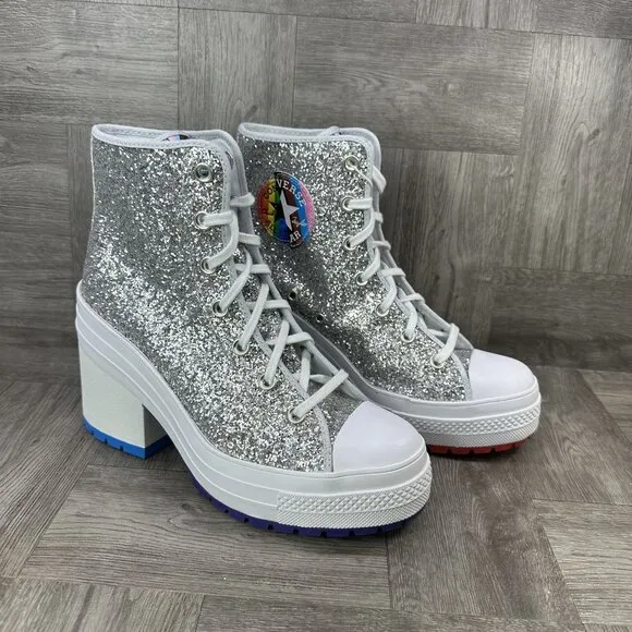 Converse 70 De Luxe Heel High Pride Proud Women's size 10.5 Silver Glitter Shoes