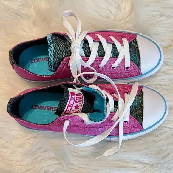 Converse All Star Sneakers Shoes Size 2 Youth Pink Sparkle Shine Double Tongue
