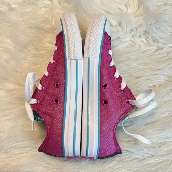 Converse All Star Sneakers Shoes Size 2 Youth Pink Sparkle Shine Double Tongue