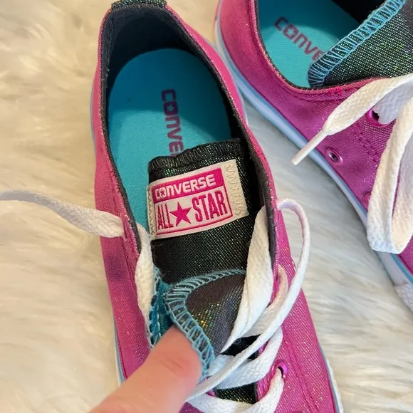 Converse All Star Sneakers Shoes Size 2 Youth Pink Sparkle Shine Double Tongue