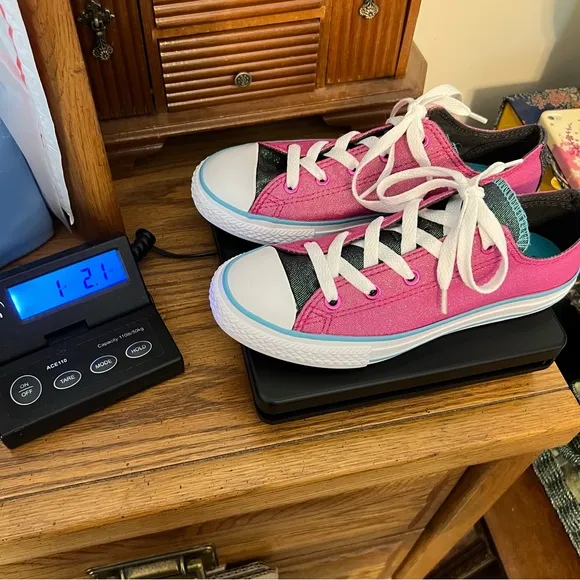 Converse All Star Sneakers Shoes Size 2 Youth Pink Sparkle Shine Double Tongue
