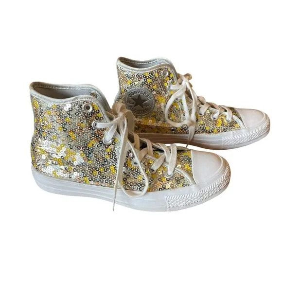Converse Chuck Taylor All Star High Top Sneakers Sequins Yellow Gold Womens 7