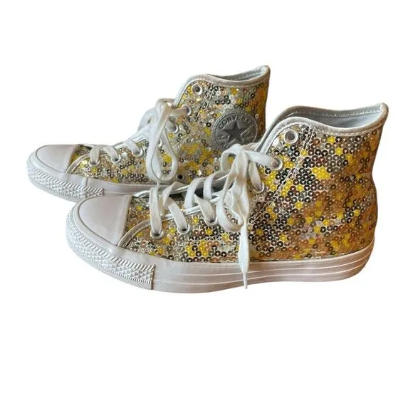 Converse Chuck Taylor All Star High Top Sneakers Sequins Yellow Gold Womens 7