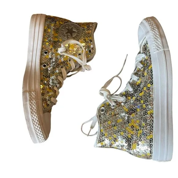 Converse Chuck Taylor All Star High Top Sneakers Sequins Yellow Gold Womens 7