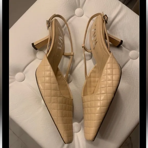 cream beige Zara quilted faux leather slingback heels square toe heel pumps