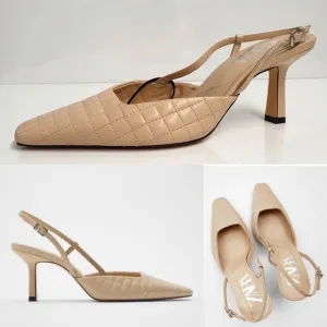 cream beige Zara quilted faux leather slingback heels square toe heel pumps