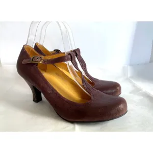 Crown Vintage Brown Purple T Strap Round Toe Pump Striped Heel - Size 8 Retro