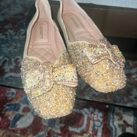 Crystals Pearl Butterfly-knot Women Flats Slip On Shoes, size9.5 US hand crafted