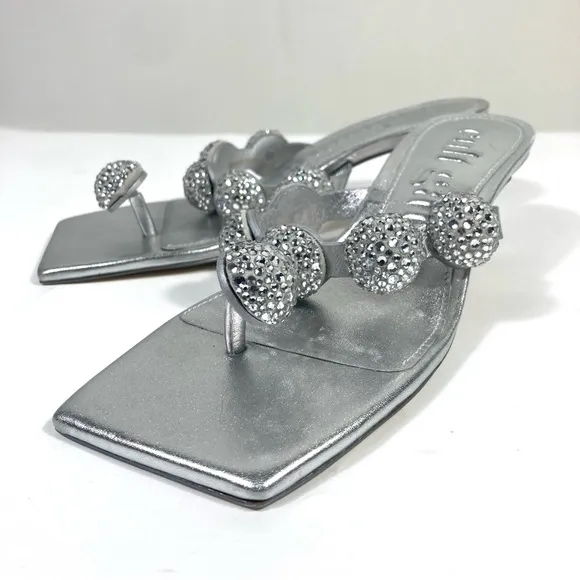 Cult Gaia Sarina Crystal Embellished Toe Kitten Heel Sandals EU 37.5 Silver NEW