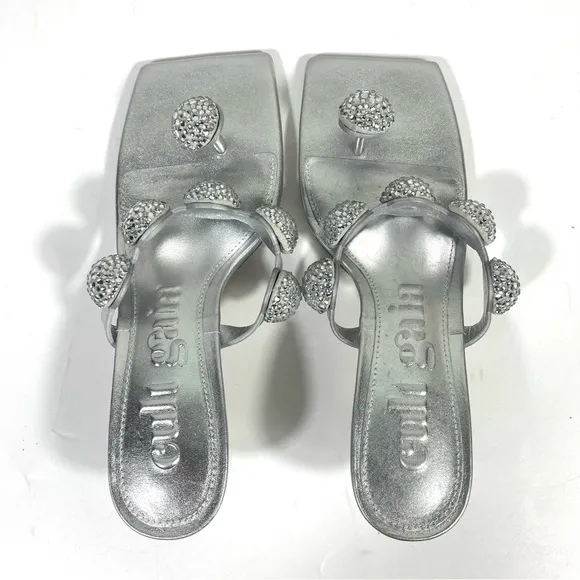 Cult Gaia Sarina Crystal Embellished Toe Kitten Heel Sandals EU 37.5 Silver NEW