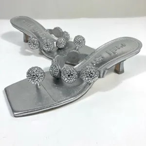 Cult Gaia Sarina Crystal Embellished Toe Kitten Heel Sandals EU 37.5 Silver NEW