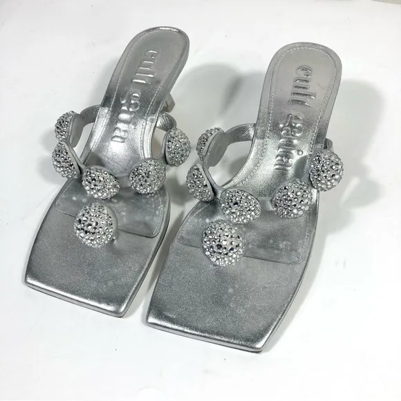 Cult Gaia Sarina Crystal Embellished Toe Kitten Heel Sandals EU 37.5 Silver NEW