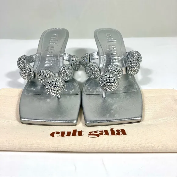 Cult Gaia Sarina Crystal Embellished Toe Kitten Heel Sandals EU 37.5 Silver NEW
