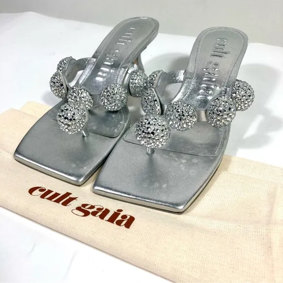 Cult Gaia Sarina Crystal Embellished Toe Kitten Heel Sandals EU 37.5 Silver NEW