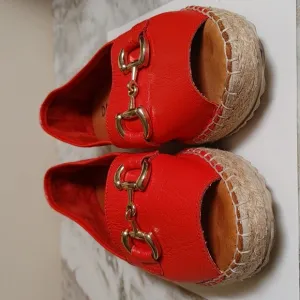 DANEA Orange-Red Leather Open Toe Shoes with Horsebit Design Size 39